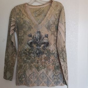 Women's top Green Source size s poly/rayon/ spandex gold with greens and Browns.